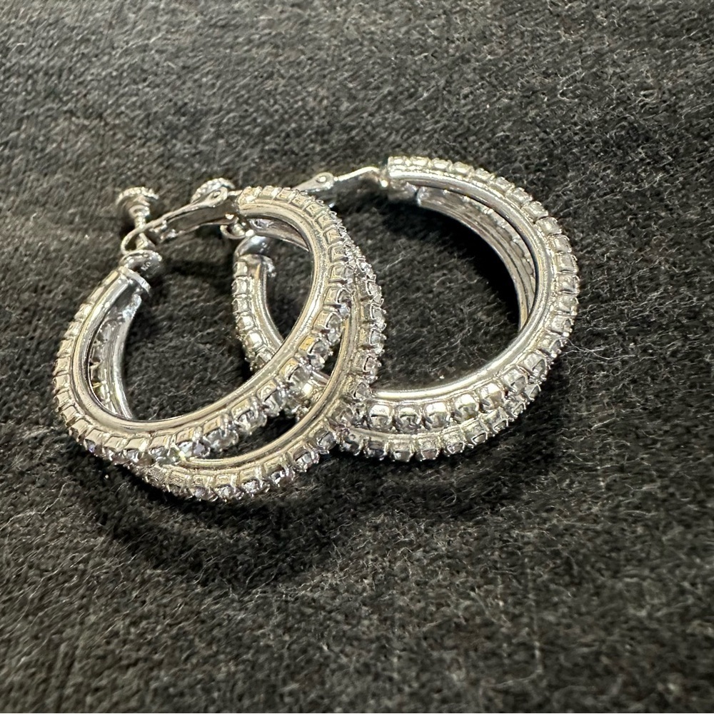 Vintage Les Bernard double row rhinestone hoop earrings
